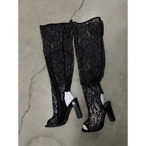 Bamboo Black Floral Lace Over The Knee Peep Toe Block Heel Boots Size 9